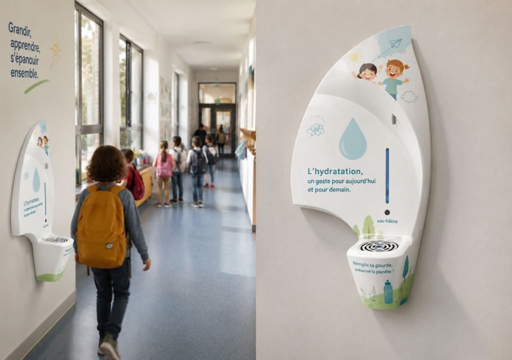 Des enfants portant des sacs à dos marchent dans un couloir d'école. Sur le mur, on aperçoit une fontaine à eau colorée accompagnée d'un texte en français sur l'hydratation, d'une grande icône représentant une goutte d'eau et d'illustrations d'enfants souriants.