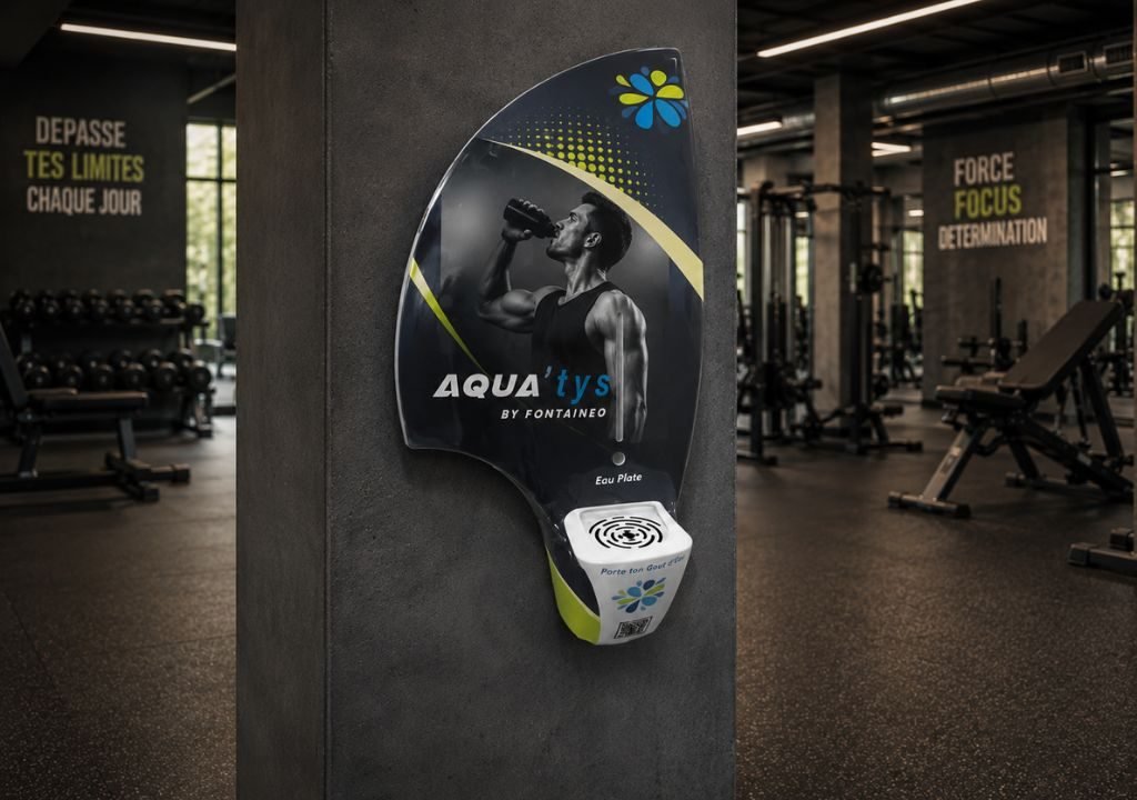 Un distributeur d'eau, sur lequel figure l'image d'une personne buvant à une bouteille, est fixé à un pilier dans une salle de sport. On aperçoit en arrière-plan des appareils de musculation et un texte motivant en français.