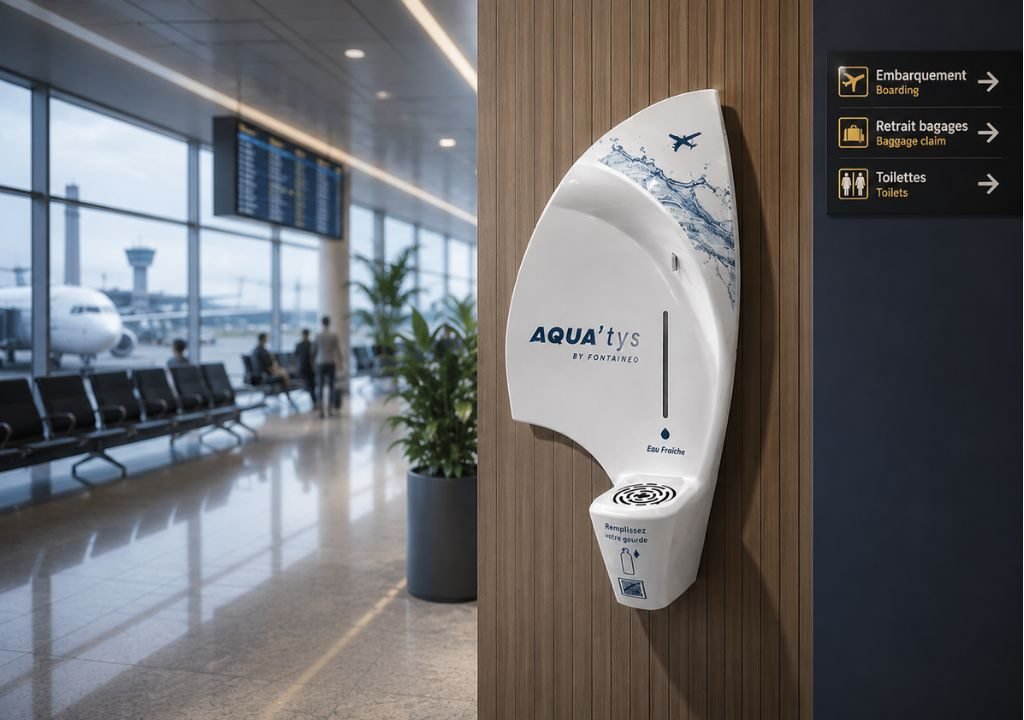 Une fontaine à eau portant l'inscription « Aqua'tys by Fontaineo » est fixée à un mur en bois dans un terminal d'aéroport. Des panneaux situés à proximité indiquent les directions pour l'embarquement, la récupération des bagages et les toilettes. On aperçoit un avion à l'extérieur.