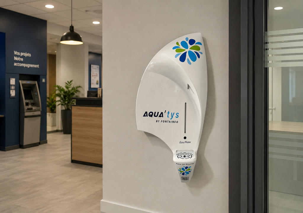 Un distributeur d'eau mural blanc portant la mention « AQUA'TYS by Fontameo » est installé dans le hall d'un bureau moderne, avec un sol clair, des panneaux de verre et un distributeur automatique de billets visible à l'arrière-plan.