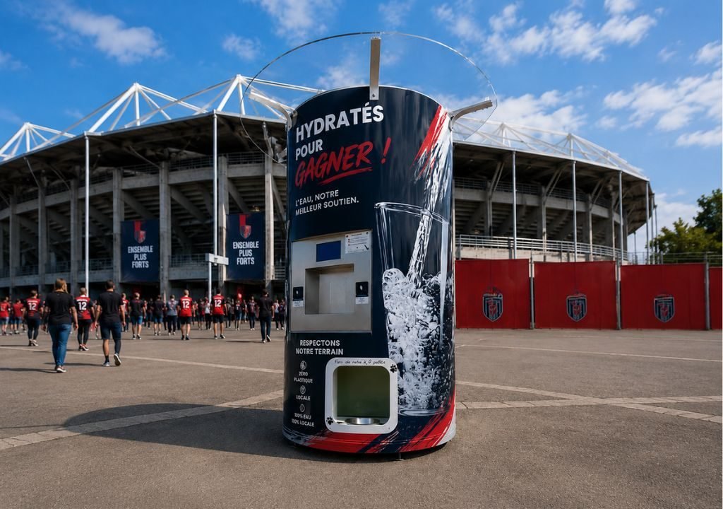 Un distributeur d'eau cylindrique portant une étiquette en français se trouve à l'extérieur d'un stade. Des personnes vêtues de t-shirts rouges et noirs se dirigent vers l'entrée du stade sous un ciel bleu parsemé de nuages.