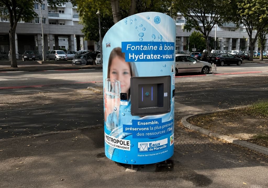 Une fontaine publique d'eau potable située sur un trottoir, entourée d'une pancarte bleue comportant un texte en français et la photo d'une femme tenant un verre d'eau. Des arbres, des voitures garées et des immeubles apparaissent à l'arrière-plan.