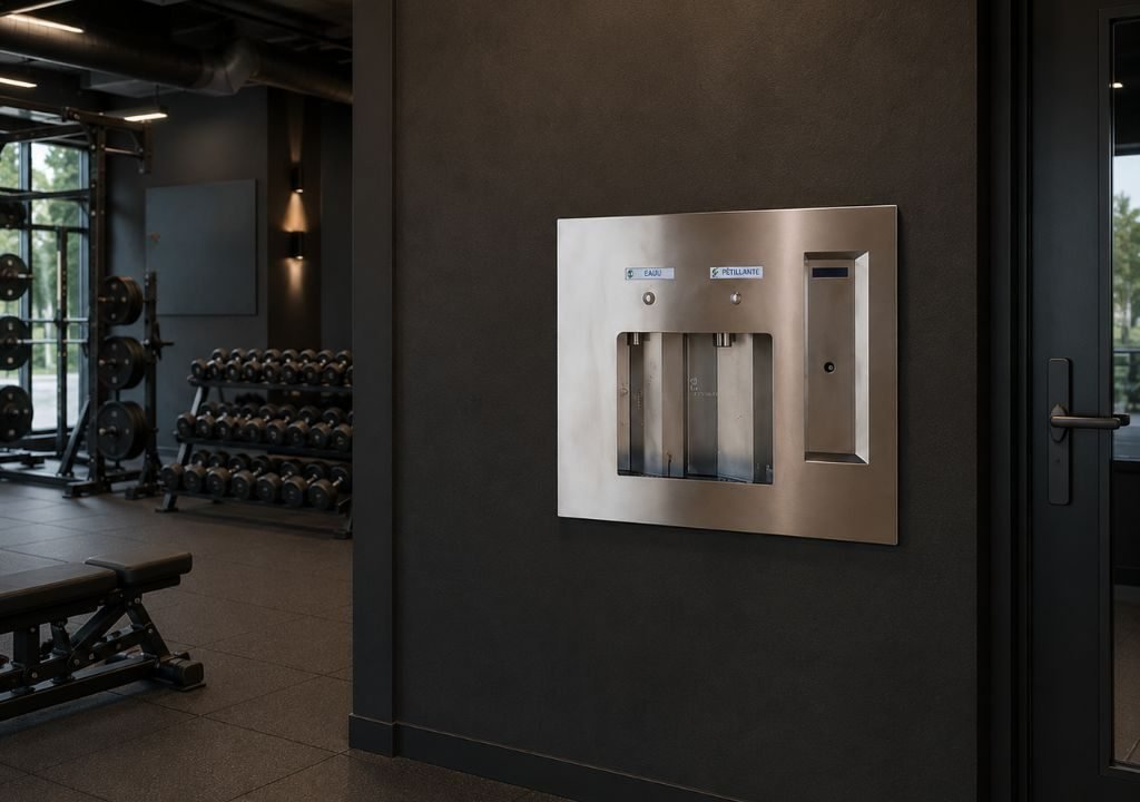 Un distributeur d'eau plate et d'eau pétillante en acier inoxydable est fixé à un mur sombre dans une salle de sport moderne, avec des haltères et des bancs visibles à l'arrière-plan.