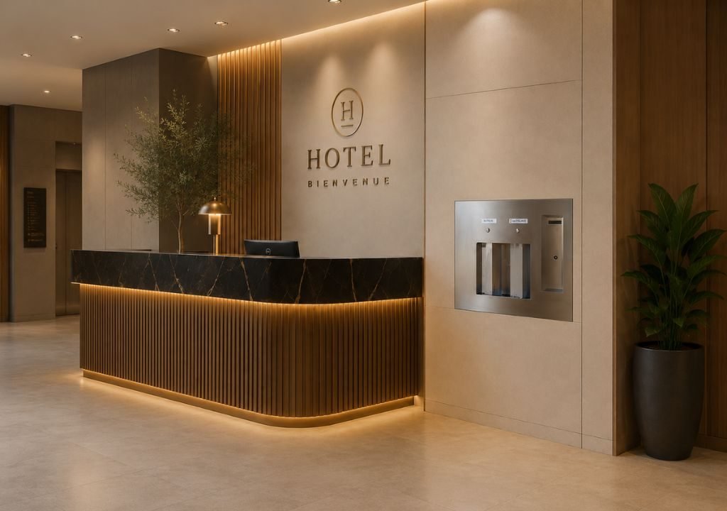 Une réception d'hôtel moderne avec un comptoir en marbre noir, des boiseries, une plante en pot et une enseigne murale indiquant « Hôtel Bienvenue ». Un distributeur d'eau est fixé au mur à droite du comptoir.