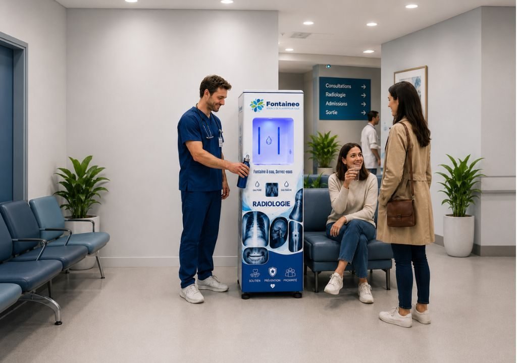 Une personne en blouse médicale se tient près d'un distributeur d'eau dans une salle d'attente et tend un verre d'eau à une personne assise. Une autre personne se tient à proximité. On y voit des chaises bleues, des plantes et des panneaux accrochés aux murs.
