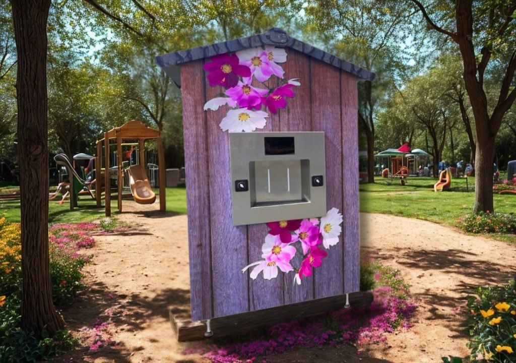 Une structure en bois avec un sèche-mains en acier inoxydable sur la façade, décorée de fleurs roses et blanches, se trouve sur un chemin de terre dans un parc avec des arbres et des équipements de terrain de jeu en arrière-plan.