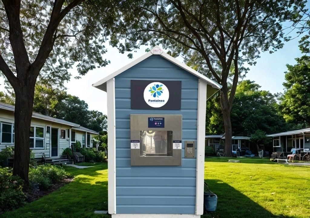Un petit kiosque bleu et blanc avec un logo Fontaine distribue de l'eau au centre d'une zone herbeuse, entourée de maisons à un étage et d'arbres sous un ciel clair.