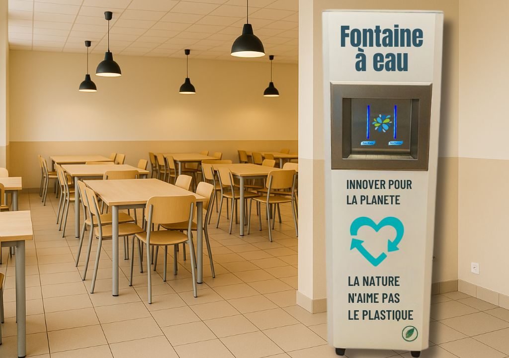 fontaine-a-eau-reseau-cantine (1) Une fontaine à eau cantine se trouve dans une cafétéria vide aux murs beiges, aux tables et chaises en bois et aux lumières noires suspendues. Un texte en français sur le distributeur encourage la réduction de l'utilisation du plastique.