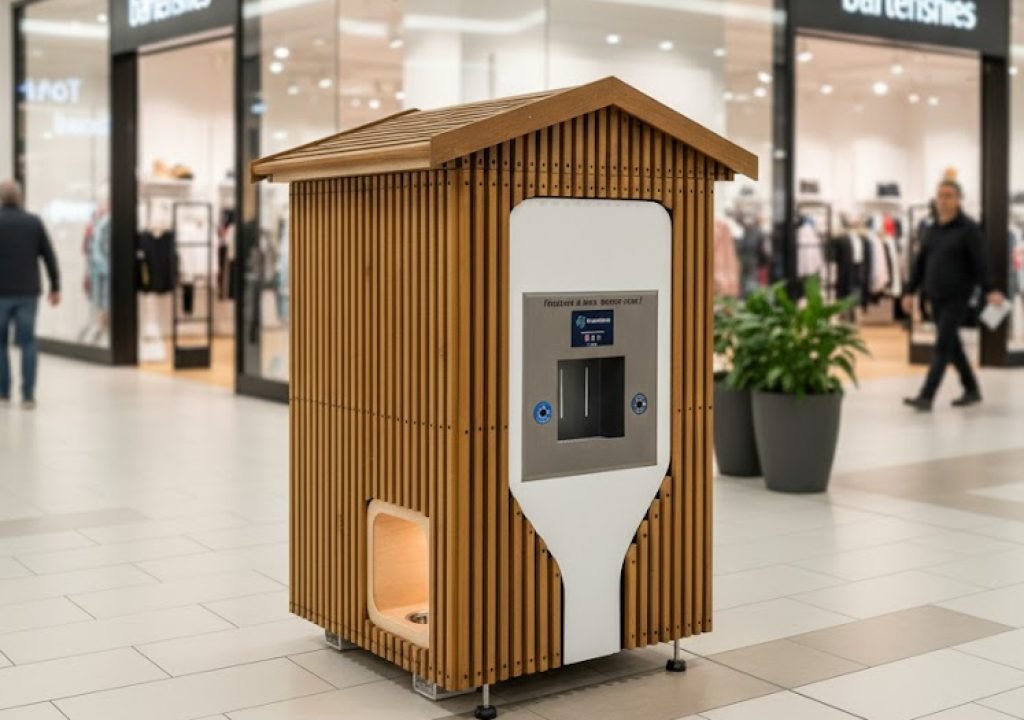 Une petite structure moderne en bois avec des lattes verticales et une façade blanche se trouve à l'intérieur d'un centre commercial, près de magasins de vêtements et de plantes en pot. La structure ressemble à un abri pour animaux ou à un kiosque.