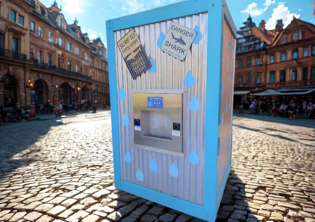 Un kiosque de distribution d'eau en tôle ondulée se trouve sur une place pavée. Des panneaux d'avertissement indiquent "SURF AT OWN RISK" et "DANGER REQUIN", et plusieurs personnes sont visibles à l'arrière-plan.