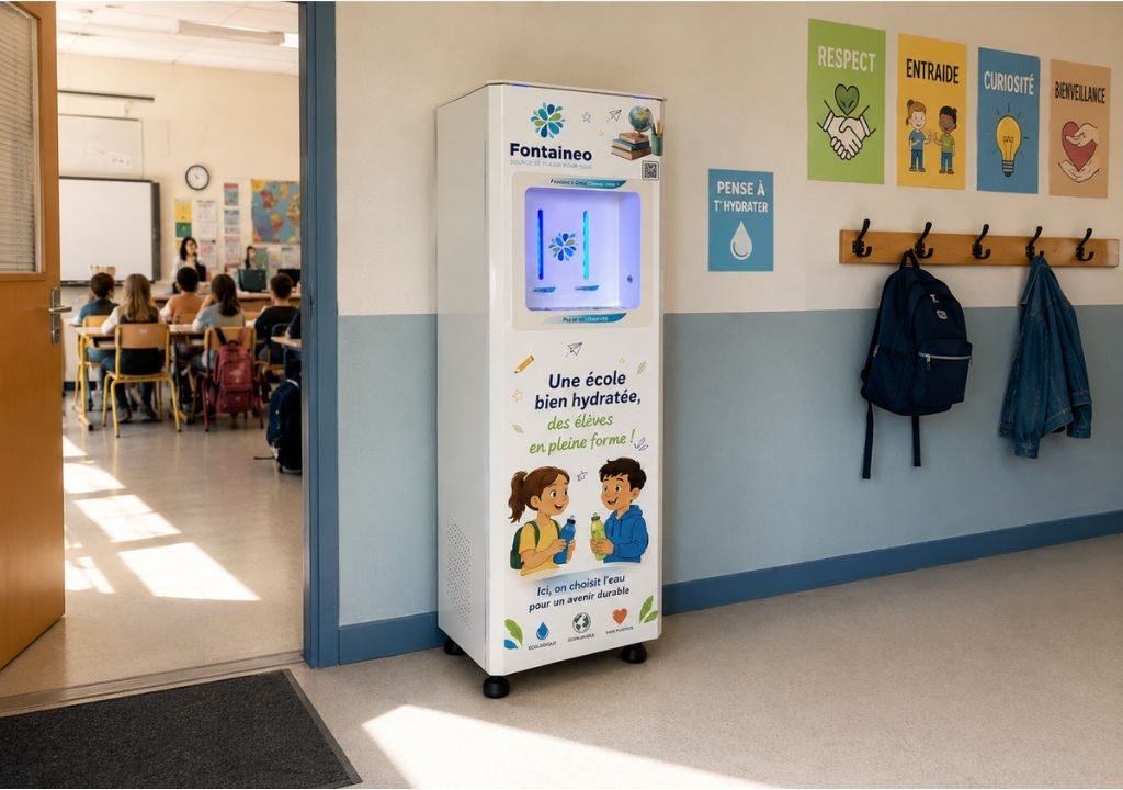 Un distributeur d'eau se trouve dans le couloir d'une école, à côté de patères où sont accrochés des sacs à dos. Des affiches sur le respect et la bienveillance sont accrochées au mur. À l'arrière-plan, des élèves sont assis à leurs pupitres dans une salle de classe.