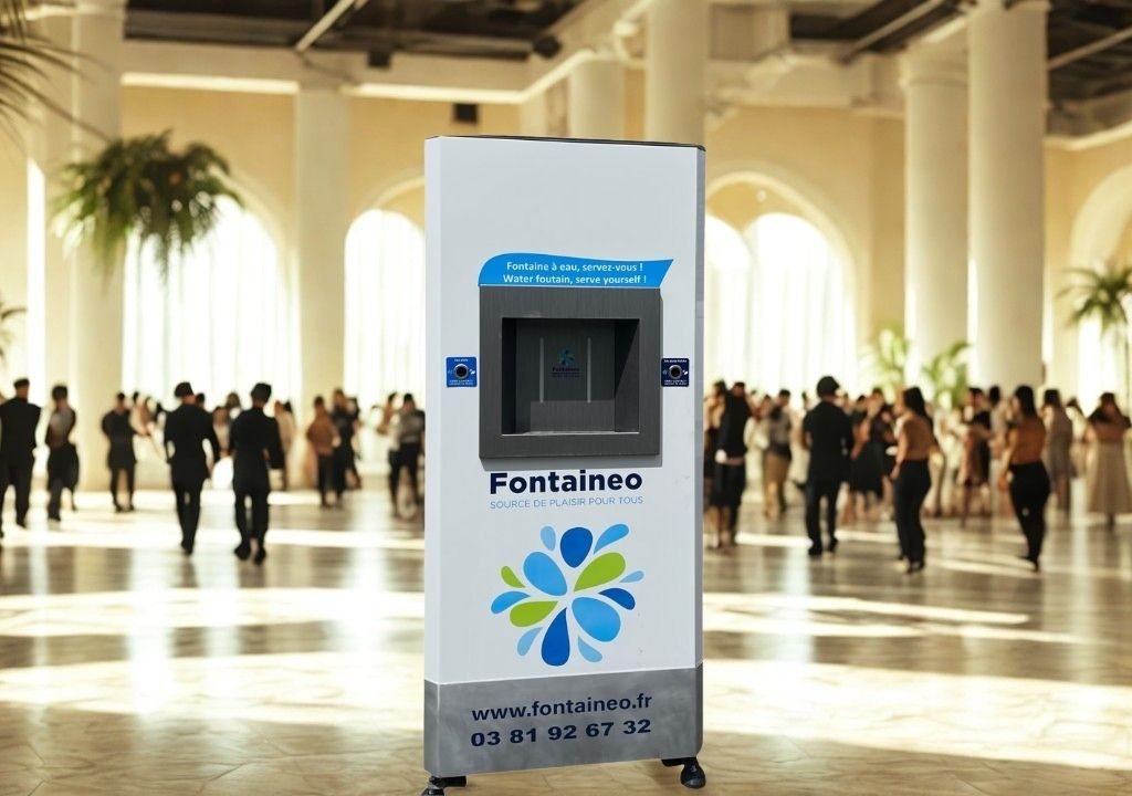 Un dispensador de agua independiente con la inscripción "Fontaineo" se alza en un vestíbulo espacioso y elegante, con gente reunida al fondo. En la decoración se aprecian columnas, grandes ventanales y palmeras de interior.