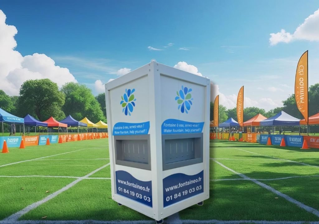 Una nevera portátil con logotipos azules y verdes se alza sobre un campo deportivo de hierba, rodeada de coloridas carpas y pancartas de eventos bajo un cielo soleado.