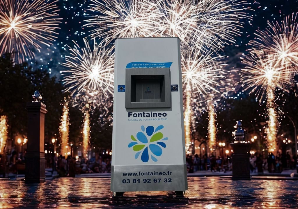 Un dispensador público de agua en Fontanéo se encuentra en una plaza al aire libre bien iluminada por la noche, con grandes fuegos artificiales de colores explotando en el cielo detrás de él y gente reunida al fondo.