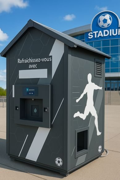 fontaine-a-eau-reseau-fontaineo Un petit kiosque gris avec la phrase "Rafraîchissez-vous avec" sur la façade, un distributeur d'eau et un graphique de joueur de football, situé à l'extérieur de l'entrée d'un stade.