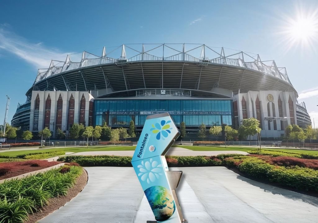 Une fontaine d'eau aux motifs bleus et verts se trouve sur un chemin en béton devant un grand stade moderne avec des fenêtres en verre, des piliers blancs et des espaces verts aménagés sous un ciel bleu limpide.