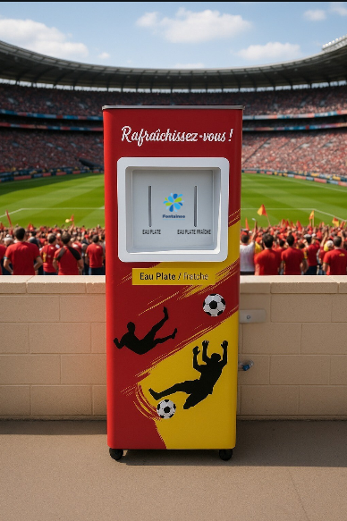 fontaine-a-eau-stade Un distributeur d'eau décoré d'images de football se trouve dans le hall d'un stade, avec une foule de supporters et un match de football en arrière-plan. Le distributeur propose de l'eau plate et de l'eau réfrigérée.