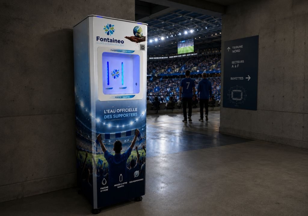 Un distributeur d'eau Fontaineo est installé dans le couloir d'un stade, avec en arrière-plan une vue sur une manifestation sportive et les spectateurs. Le distributeur affiche des messages en français ainsi qu'un logo lumineux.
