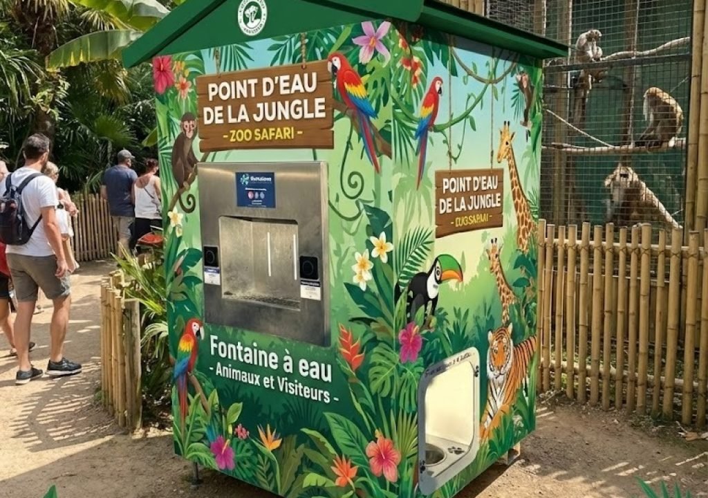 Un kiosque de fontaine à eau sur le thème de la jungle, rappelant une fontaine à eau de centre commercial, étiqueté "Point d'eau de la jungle - Zoo Safari", se trouve sur un chemin de terre près d'un enclos de bambous, avec des gens qui se promènent et des singes visibles derrière la clôture.