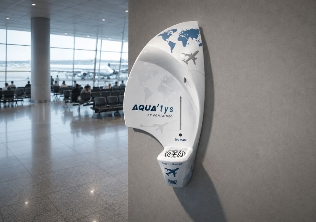 Un distributeur d'eau portant la mention « AQUA'tys » est fixé au mur d'un terminal d'aéroport. Le distributeur est orné d'une carte et d'illustrations d'avions, avec en arrière-plan des sièges d'aéroport, des hublots et des avions.