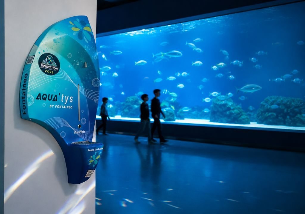 Une fontaine à eau parc d'attraction étiquetée "AQUA'tys by FONTANINO" est montée sur un mur devant un grand aquarium, avec des gens qui marchent et divers poissons visibles dans l'aquarium.