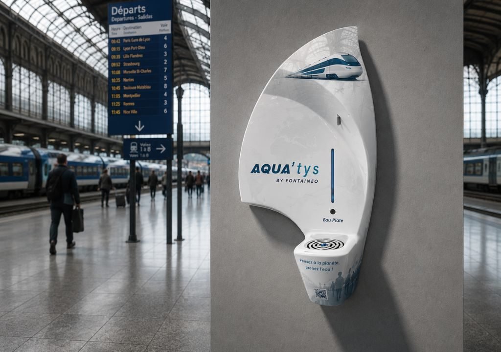 Un distributeur d'eau moderne portant la mention « AQUA'tys by Fontaneo » est installé sur une colonne dans une grande gare, avec en arrière-plan des passants et des trains. Un panneau bleu indiquant les départs est suspendu au plafond.