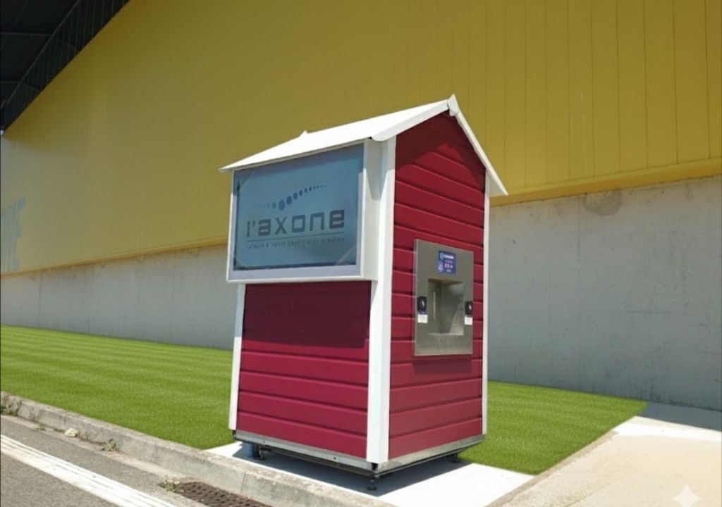 Un petit kiosque rouge et blanc, équipé d'un distributeur d'eau et d'une enseigne indiquant « l’axone », se dresse sur du gazon artificiel, à côté d'un bâtiment jaune et d'un trottoir.