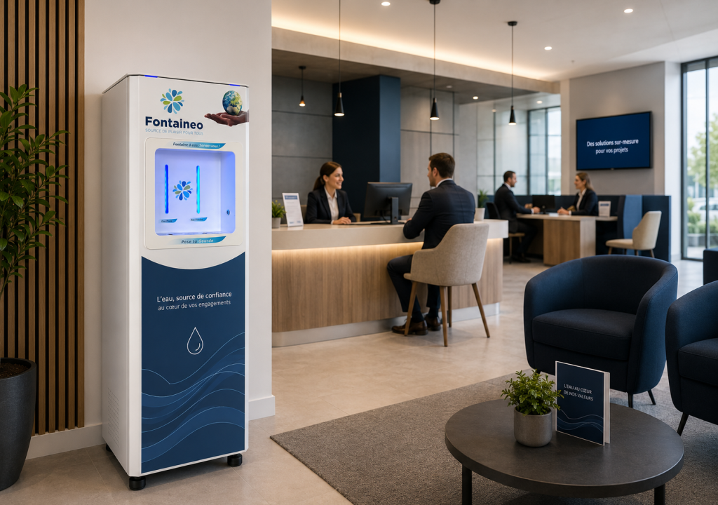 Un espace d'accueil moderne dans un bureau, où des personnes sont assises à leurs bureaux. Au premier plan, on aperçoit un distributeur d'eau de la marque Fontaineo, ainsi qu'une petite table ronde sur laquelle sont posés un panneau et une plante. L'ambiance est ordonnée et professionnelle.