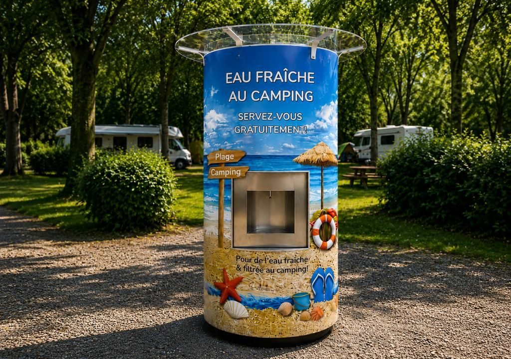 Un distributeur d'eau cylindrique avec un design sur le thème de la plage se trouve en plein air sur du gravier, entouré d'herbe et d'arbres, avec des camping-cars et des tables de pique-nique à l'arrière-plan. Le distributeur offre de l'eau fraîche gratuite au camping.