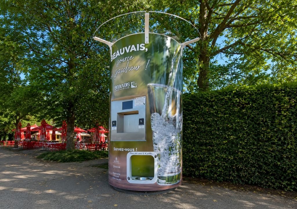 Un grand distributeur automatique cylindrique installé à l'extérieur présente l'image d'un verre d'eau avec des glaçons, un texte promotionnel et une zone de distribution. On aperçoit en arrière-plan des arbres et des parasols rouges provenant d'une terrasse.
