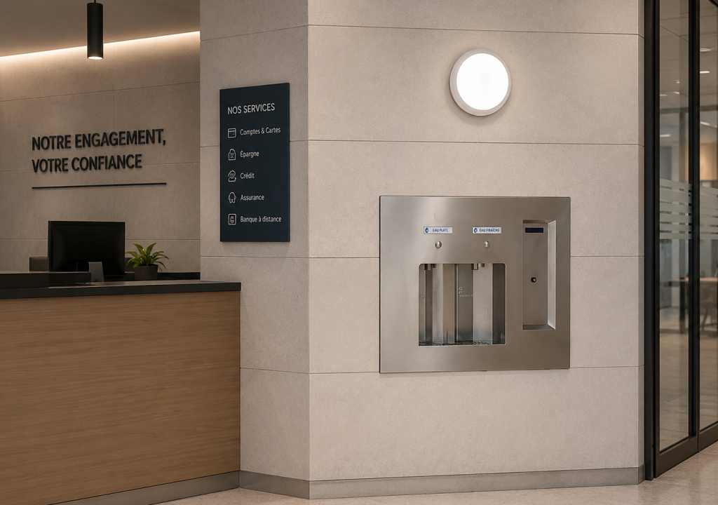 L'intérieur moderne comprend, à gauche, un comptoir d'accueil surmonté d'un panneau bilingue, un répertoire des services accroché au mur, ainsi qu'un distributeur d'eau encastré à droite, sous une applique murale ronde.