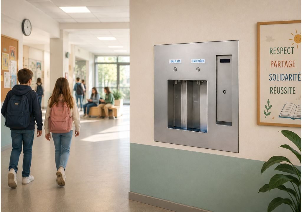 Deux élèves, un sac à dos sur le dos, marchent dans un couloir d'école. Une fontaine à eau est fixée au mur, à droite. Plusieurs autres élèves sont assis ou debout à l'arrière-plan. On aperçoit également une affiche accrochée au mur.
