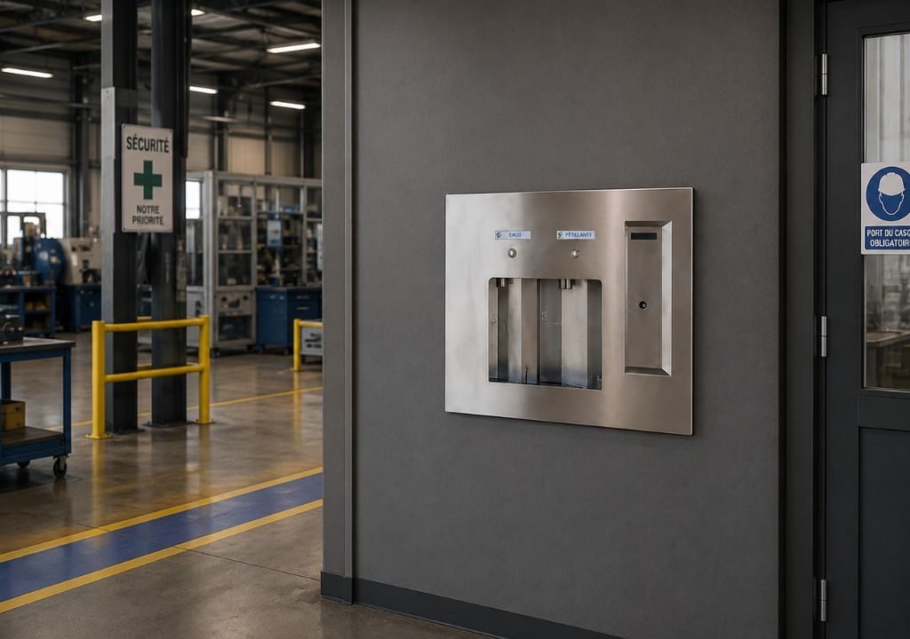 Un site industriel moderne équipé d'un distributeur d'eau en acier inoxydable fixé au mur et d'un système de filtration. À l'arrière-plan, on aperçoit un panneau de sécurité vert et des garde-corps jaunes. Les lieux semblent propres et bien rangés.