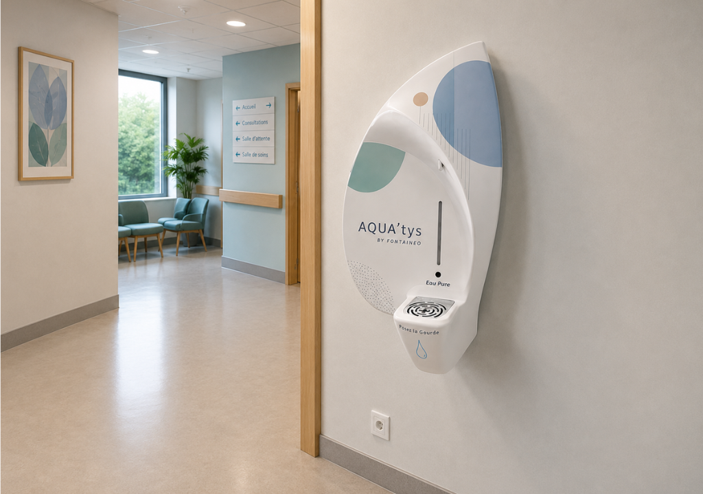 Une borne moderne de distribution d'eau murale, portant l'inscription « AQUA'tys », est installée dans un couloir propre, au sol beige et aux murs clairs. On aperçoit, à travers une porte, un espace d'attente équipé de chaises, d'une plante et d'œuvres d'art encadrées.