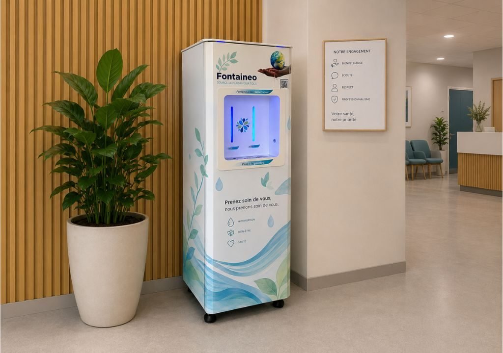 Un distributeur d'eau portant l'enseigne « Fontaineo » se trouve à côté d'une grande plante en pot dans un couloir moderne et épuré, aux murs beiges, agrémenté d'un panneau en bois, avec en arrière-plan un coin d'attente équipé de chaises bleues.