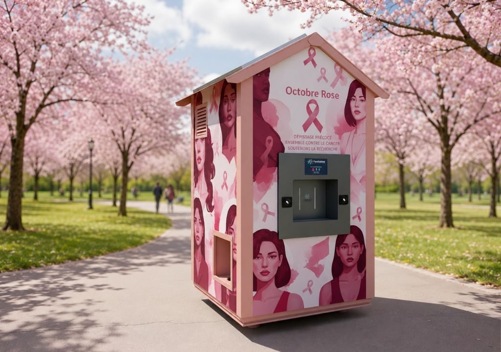 Un petit stand rose, décoré d'illustrations représentant des femmes et de rubans roses, est installé sur une allée du parc bordée de cerisiers en fleurs. On peut y lire « Octobre Rose » ; ce stand vise à sensibiliser le public au cancer du sein.
