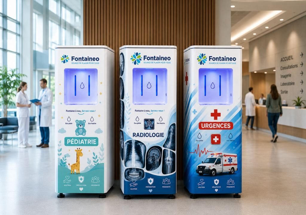 Trois fontaines à eau sur le thème médical, portant les inscriptions « Pédiatrie », « Radiologie » et « Urgences », sont installées dans le hall d'un hôpital. À l'arrière-plan, deux professionnels de santé discutent, et un comptoir d'accueil est visible à droite.
