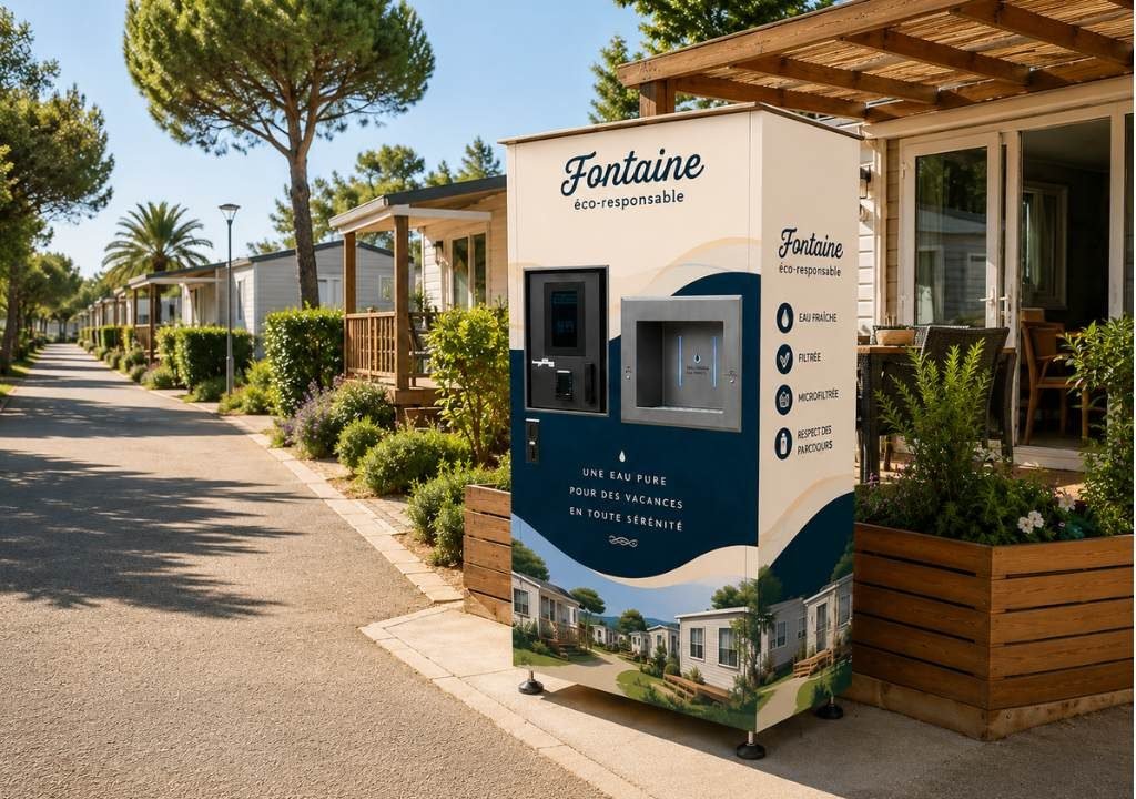 Un distributeur d'eau en plein air portant l'inscription « Fontaine éco-responsable » se trouve dans une rue ensoleillée bordée de mobil-homes et d'espaces verts. La machine distribue de l'eau potable et son habillage extérieur est orné de motifs sur le thème des vacances.