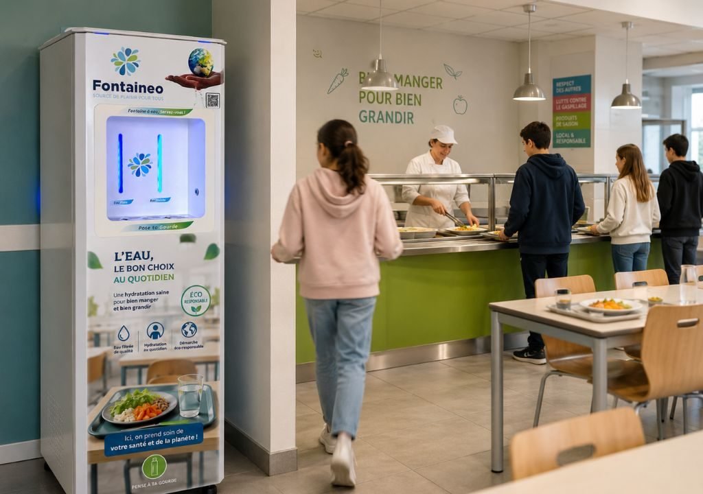 Dans une cafétéria, des étudiants se servent sur un comptoir où travaille un membre du personnel. Au premier plan, on peut voir une fontaine à eau cantine portant l'inscription "Fontaineo". Des tables et des chaises sont disposées pour les repas.