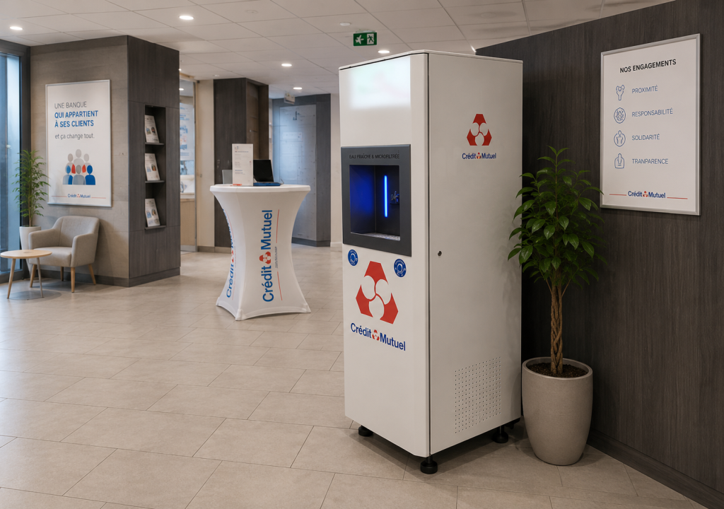 Un distributeur automatique du Crédit Mutuel se trouve dans un hall moderne, avec un sol carrelé beige, des murs gris, des affiches d'information, une grande plante en pot et une table aux couleurs de la marque sur laquelle sont disposées des brochures.
