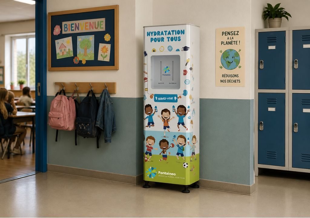 Un distributeur d'eau portant l'inscription « Hydratation pour tous » se trouve dans le couloir d'une école, près d'une salle de classe, sous un porte-manteau où sont accrochés des sacs à dos. Des dessins d'enfants et une affiche sur le recyclage sont accrochés aux murs.