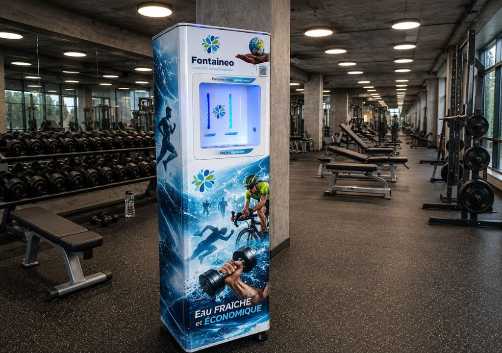 Un distributeur d'eau de la marque Fontaineo se trouve au premier plan d'une salle de sport, avec en arrière-plan des supports à haltères, des bancs, des miroirs et des appareils de musculation. Le distributeur est orné d'images d'athlètes et d'éclaboussures d'eau.