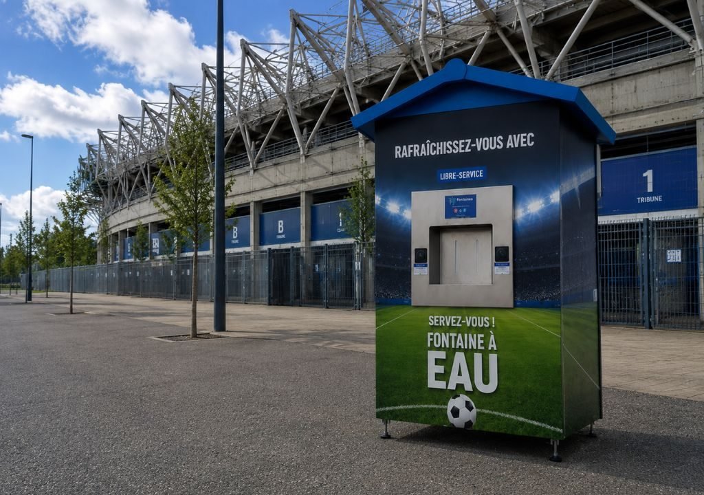Une borne d'eau en libre-service est installée à l'extérieur d'un stade entouré d'une clôture métallique et doté de panneaux d'entrée numérotés. La borne affiche un texte en français encourageant la consommation d'eau et comporte l'image d'un ballon de football.