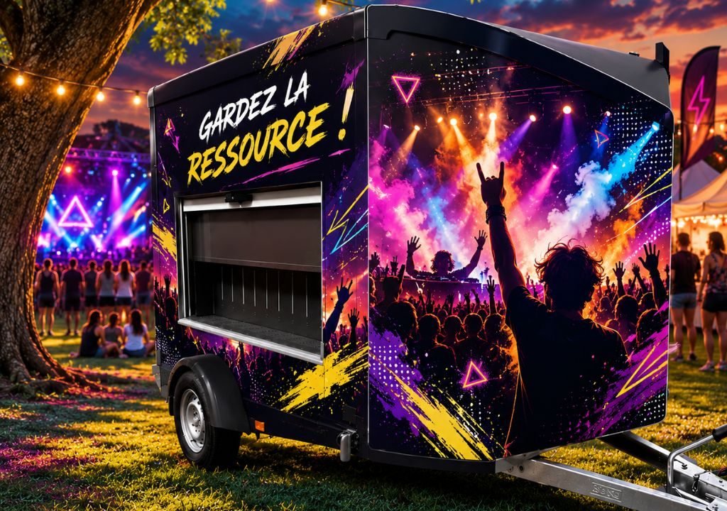 Un food truck est garé sur l'herbe lors d'un événement en plein air. Le camion est décoré de motifs colorés représentant une foule de concert et des projecteurs de scène, ainsi que de la phrase en français « GARDEZ LA RESSOURCE ! ». De nombreux groupes de personnes se tiennent à l'arrière-plan.