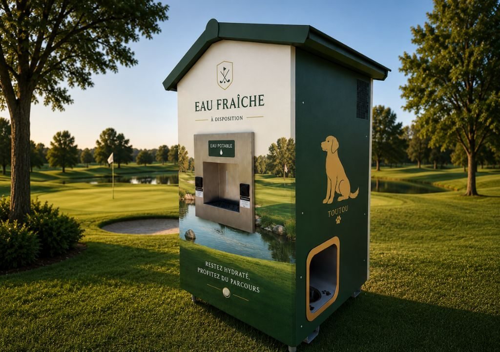 Une fontaine à eau verte et blanche étiquetée "Eau Fraîche" se dresse sur un terrain de golf, offrant des distributeurs d'eau pour les personnes et un compartiment inférieur pour les chiens, entourés d'herbe et d'arbres sous un ciel dégagé.