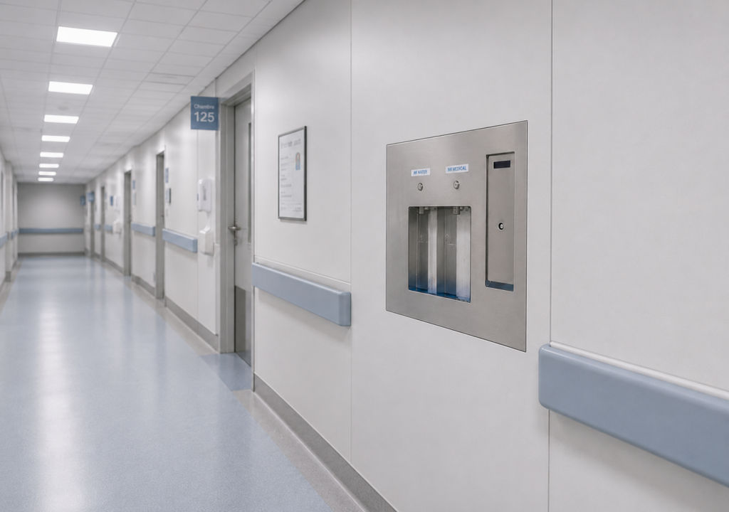 Un couloir d'hôpital propre et vide, avec des murs bleus et blancs, des rampes bleues, un distributeur d'eau encastré dans le mur et une porte portant le numéro 125. Le sol et les murs sont impeccables, et l'endroit est très bien éclairé.