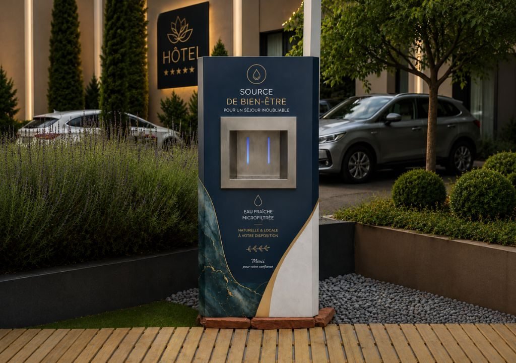 Un distributeur d'eau d'extérieur moderne portant l'inscription « Source de Bien-Être » est installé sur une estrade en bois près de l'entrée d'un hôtel, entouré de verdure et d'arbustes, avec une voiture garée en arrière-plan.