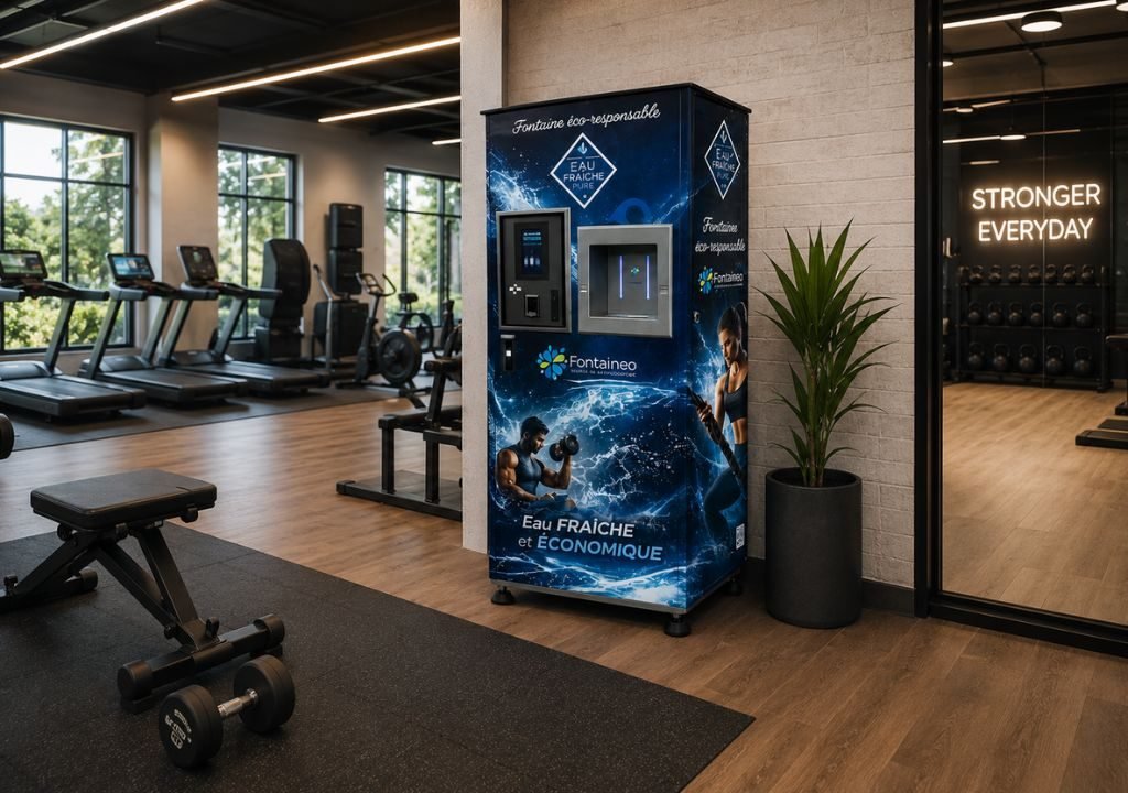 Un distributeur d'eau bleu se trouve dans une salle de sport, près des poids libres et des appareils de cardio. Le distributeur affiche des images d'athlètes et des textes en français. Une plante en pot est posée à côté, et une baie vitrée donne sur un espace dédié à l'haltérophilie.