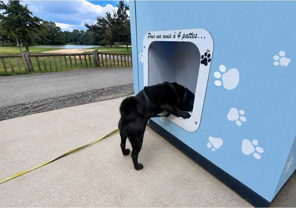 Un chien noir, muni d'une laisse jaune, passe la tête dans une boîte bleue ornée d'empreintes de pattes et d'un texte en français, située à l'extérieur près d'une clôture et d'une pelouse.