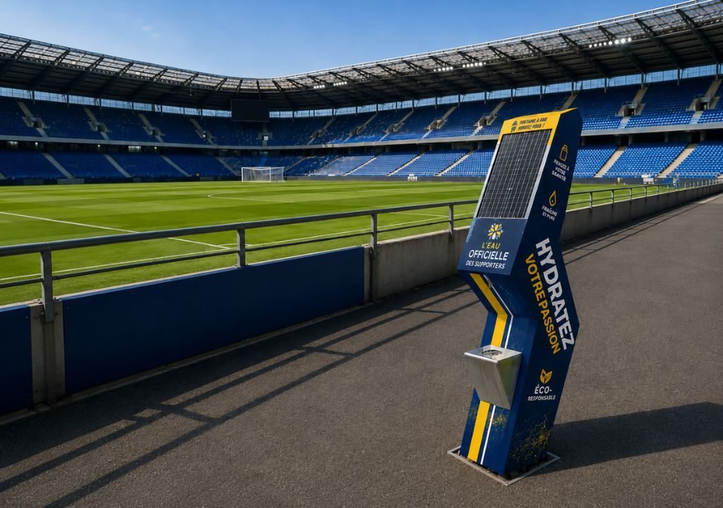 Une borne de recharge pour gourdes à énergie solaire se dresse sur une allée, à côté d'un terrain de football désert et de gradins bleus, sous un ciel dégagé.